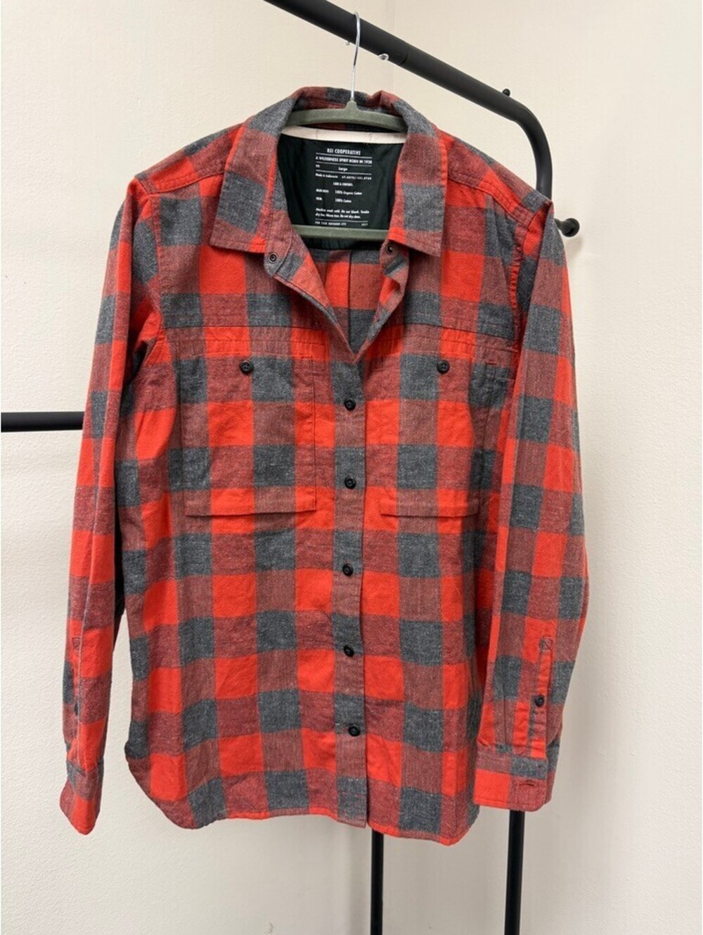 REI Co-op Men’s Large Buffalo Plaid Flannel Shirt Red Gray Organic Cotton NWOT